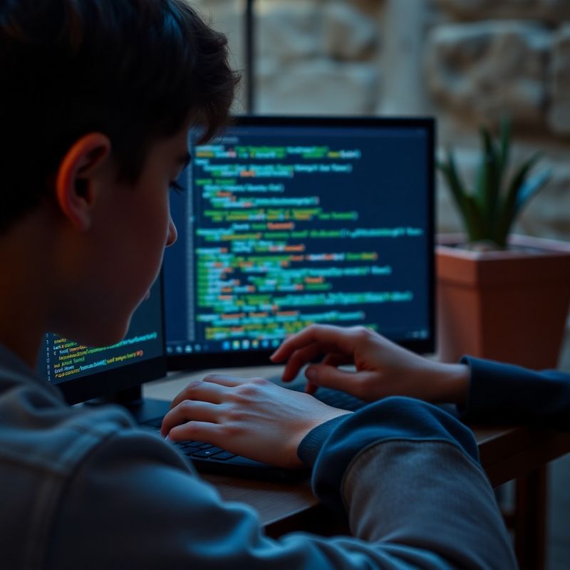 Tinejdžer piše Python kod u tamnom editoru
